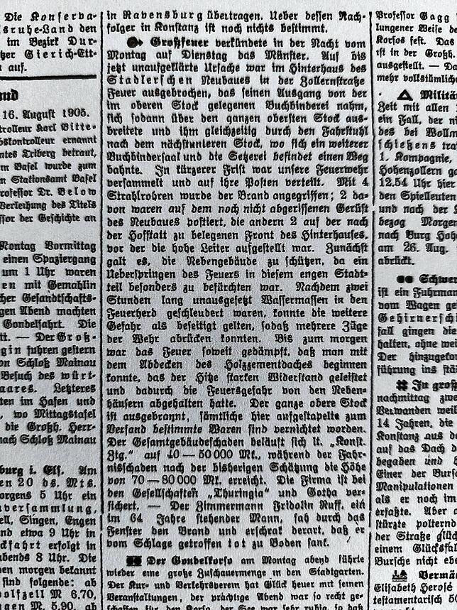 Großfeuer: Das Hinterhaus des Stadler-Hauses hat schon einmal gebrannt, und zwar vor 119 Jahren, wie die Meldung in den Konstanzer ...