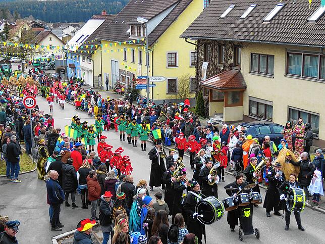 Blick aus der Ferne auf den Umzug mit vielen Narren, aber auch zahlreiche Zaungäste, die alles vom Straßenrand aus verfolgen.