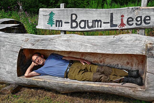 Pause gefällig? Wie sich die Besucher des Pfads in der Im-Baum-Liege ausruhen können, macht Manfred Riehle vor.