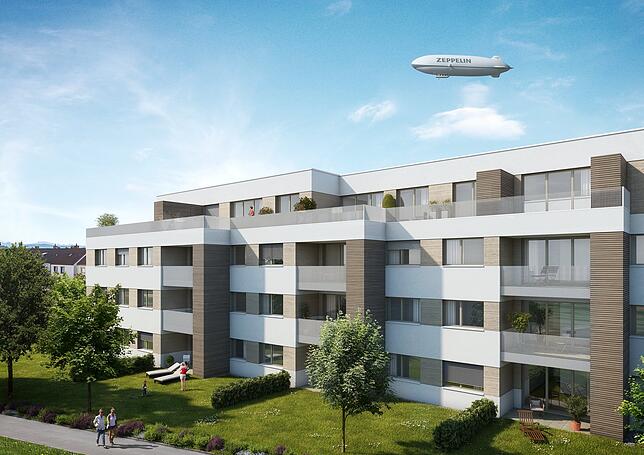 Entwurf eines der neuen Gebäude im Hägleweg in Jettenhausen. Insgesamt sollen hier 98 Wohnungen entstehen. Wie viele mietpreisgebunden ...