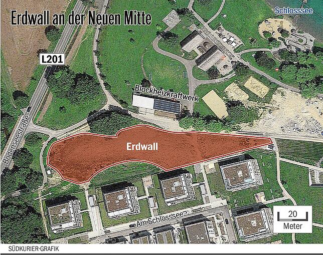 Bild 1: Kommt der Erdwall an der Neuen Mitte weg? Der Gemeinderat hat jetzt entschieden