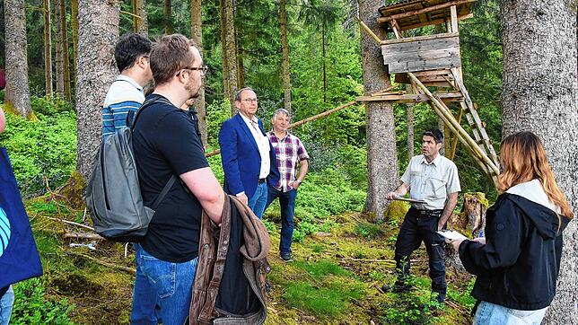 Revierförster Jürgen Obergfell führt den Ortschaftsrat mit Manne Moosmann an der Spitze durch den Tennenbronner Wald. Foto: Stephan Hübner