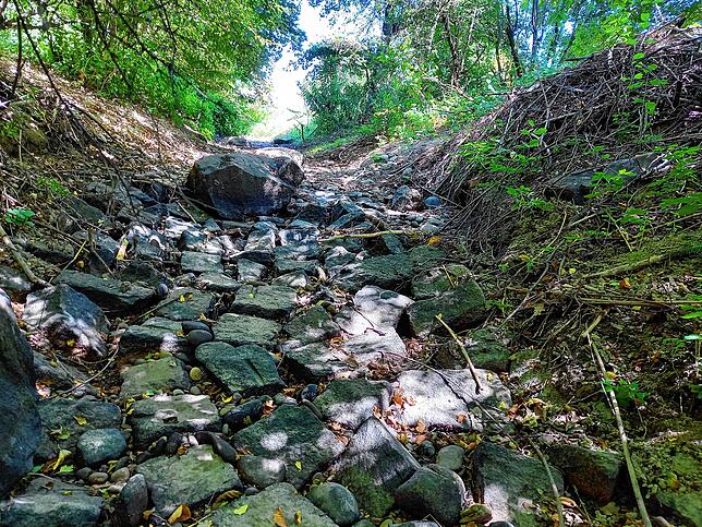 Kein Wasser zwischen den Steinen im Bachlauf.