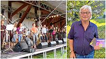 Die Bregi House Band auf der Bühne beim Kult Open Air 2012 und rechts Gründungsmitglied Hilmar Lutz mit zwei CDs der Gruppe.
