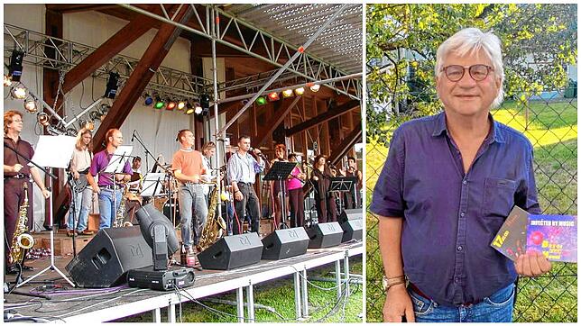 Die Bregi House Band auf der Bühne beim Kult Open Air 2012 und rechts Gründungsmitglied Hilmar Lutz mit zwei CDs der Gruppe.