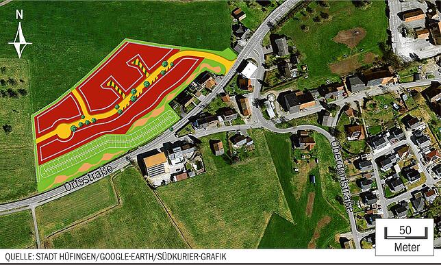 Ein Lärmschutzwall (grün dargestellt) schirmt das Baugebiet von der Ortsstraße ab.