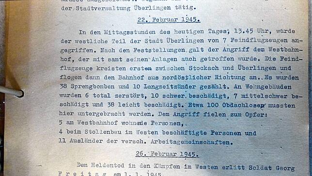 Unter dem Datum vom 22. Februar 1945 berichten die Überlinger „Kriegsprotokolle“ vom Luftangriff.