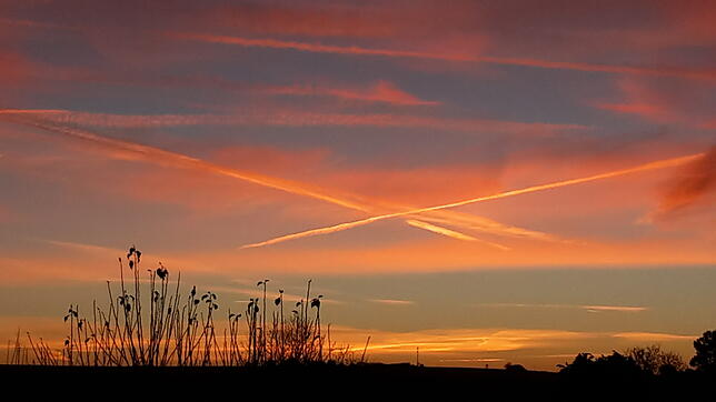Vom Villinger Warenberg aus fotografiert, kurz vor Sonnenaufgang im Jahr 2016: Die Spuren der Flugbewegungen über der Region.