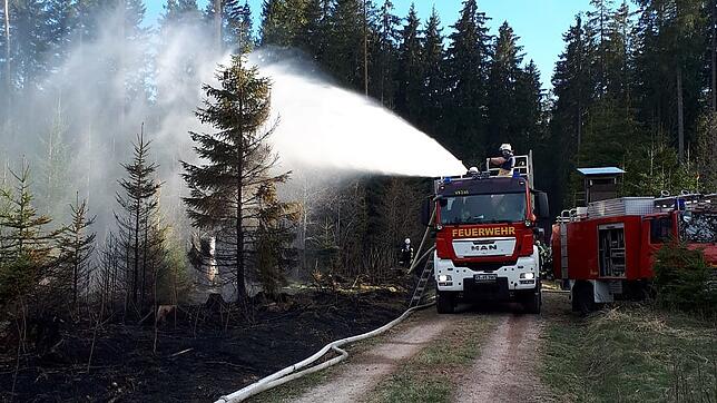 Die Feuerwehr beim Löschangriff im Wald bei Hubertshofen.