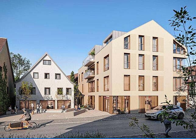 So könnte die Südseite der Radolfzeller Straße einmal aussehen: Statt des Adlers steht hier das Gebäude mit der neuen Sparkassenfiliale ...