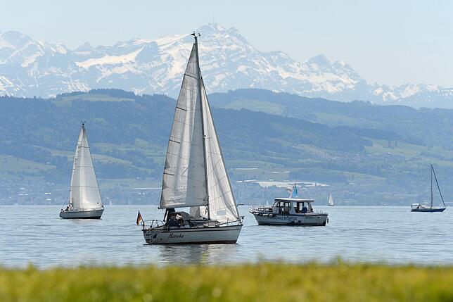Boote segeln auf dem Bodensee vor Langenargen, während im Hintergrund der 2502 Meter hohe Berg Säntis (Mitte) ganz nah wirkt.