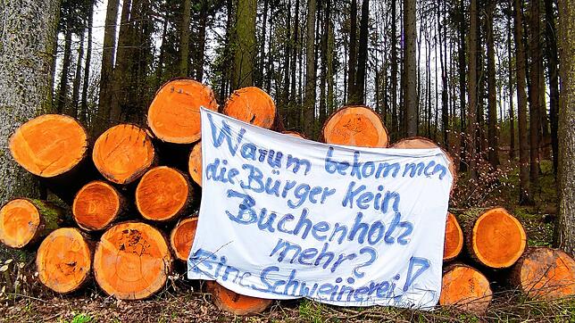 Für Spaziergänger gut sichtbar: Dieses Tuch hängt an einem Nadelholzpolter bei Zoznegg.