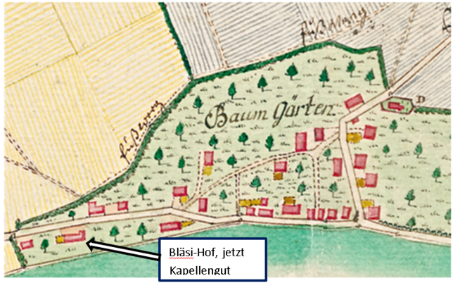 Der Dorfplan von Wallbach aus dem Jahr 1775 vermerkt unter anderem den Standort des „Bläsi-Hofs“.