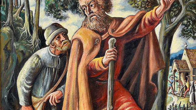 Der Meßkircher Maler Lothar Rohrer (1905-1985) greift in seinem Porträt die Pilgerschaft des heiligen Heimerad auf. Im Hintergrund die ...
