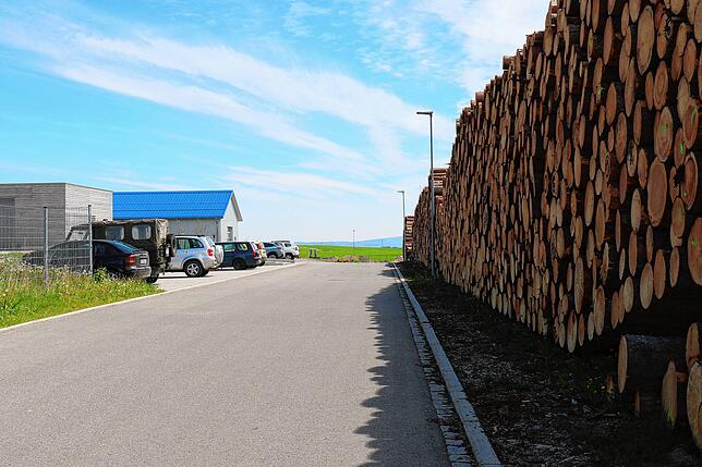 Ein riesiger Trockenholzlagerplatz ist gegenüber dem forstlichen Stützpunkt im Gewerbegebiet Breitenfeld entstanden.