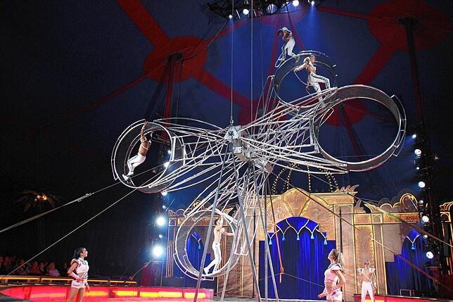 Die tolle Aufführung der Truppe Mustafa Danguir auf dem vierfachen Gigant-Riesenrad in der Zirkus-Manege lässt die Zuschauer in ...