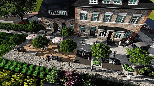 So soll der Außenbereich zur Bahntrasse aussehen, links die Terrasse, rechts ein Aufenthaltsbereich.