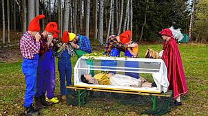 Happy, Schlafmütz, Pimpel, Hatschi, Brummbär, Seppl und Chef vom Musikverein hoffen auf Prinz Edelmut, um Schneewittchen zum Leben zu ...