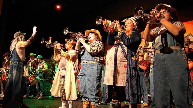 Gute Laune bei den 65. Narrenspielen der Rattlinger in der ausverkauften Talwiesenhalle: Der Fanfarenzug Rielasingen-Arlen sorgt mit ...
