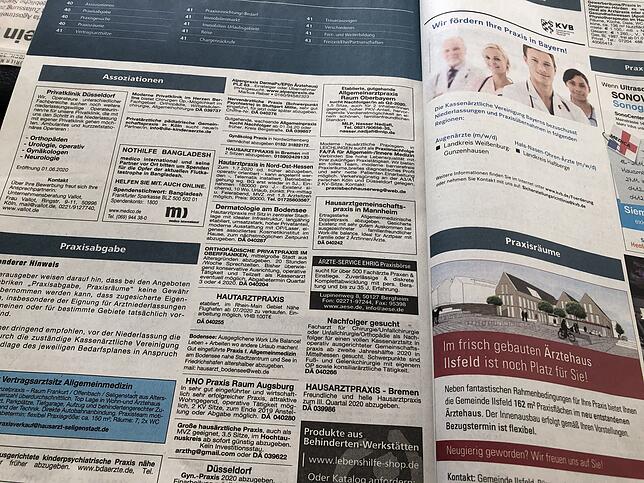 In den Fachzeitschriften für Ärzte gibt es nur Praxisangebote, aber kaum Gesuche.