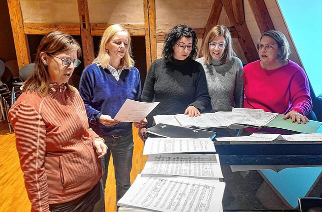 Anni Renner, Sabine Herzog, Tina Schenk, Kerstin Höll und Susanne Schwaderer proben für ihren Auftritt bei der Frauenfasnet.