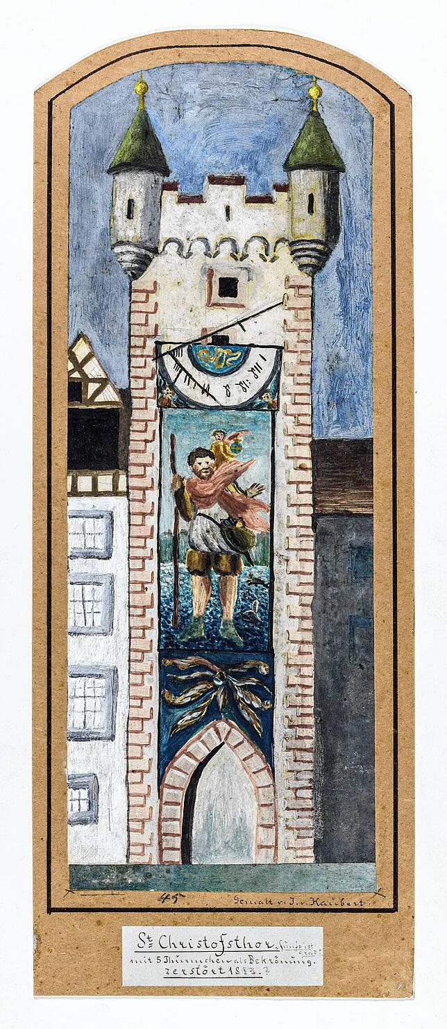 Das bemalte Christophstor galt einst als Wahrzeichen der Stadt Überlingen. Es fiel 1831 der Spitzhacke zum Opfer. Dieses Bild fertigte ...