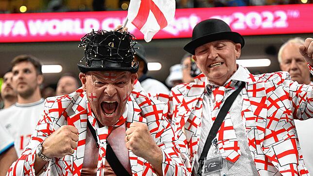 Fans der englischen Nationalmannschaft jubeln bei der WM in Katar &ndash; vielleicht ja auch über die Entdeckung der WC-Dusche. Das Team ...