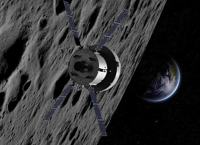 Die Darstellung der Nasa zeigt das Orion-Raumschiff auf dem Weg zum Mond. Hinter der Kapsel liegt das Service-Modul ,das unter deutscher ...