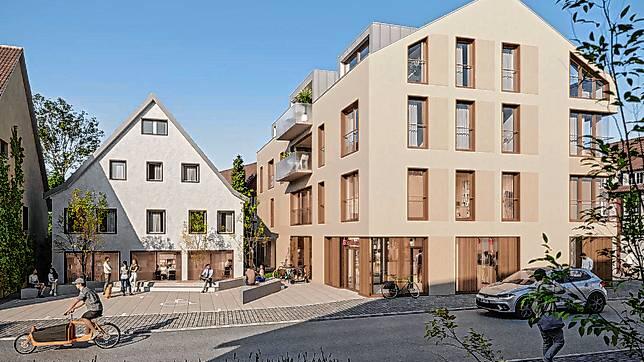 So stellen sich die Architekten die Südseite des Areals mit der neuen Sparkassenfiliale künftig vor. Vorn die Ortsdurchfahrt ...
