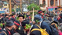 In Bad Säckingen stellen Wälder am Ersten Faißen auf dem Münsterplatz den Narrenbaum. Nach alter Sitte erfolgt dies in reiner Handarbeit.