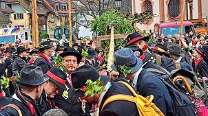 In Bad Säckingen stellen Wälder am Ersten Faißen auf dem Münsterplatz den Narrenbaum. Nach alter Sitte erfolgt dies in reiner Handarbeit.