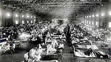 Diese Soldaten haben alle die Grippe: Blick ins Notfallkrankenhaus im Camp Funston der Militärbasis Fort Riley in Kansas (USA) 1918. Von ...