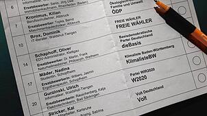 Unter dem Falz des Stimmzettel des Wahlkreises Waldshut finden sich die Bewerber von sieben bisher nicht im Landtag vertretenen Parteien.