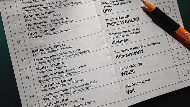 Unter dem Falz des Stimmzettel des Wahlkreises Waldshut finden sich die Bewerber von sieben bisher nicht im Landtag vertretenen Parteien.