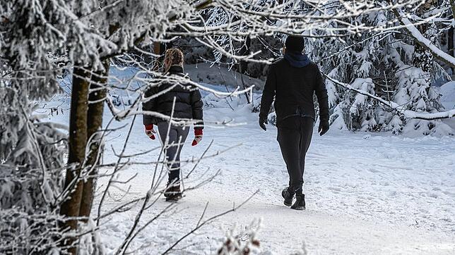 So ist es erlaubt: Zwei Wanderer im Schnee. In Mühlheim an der Donau war die Gruppe deutlich größer.