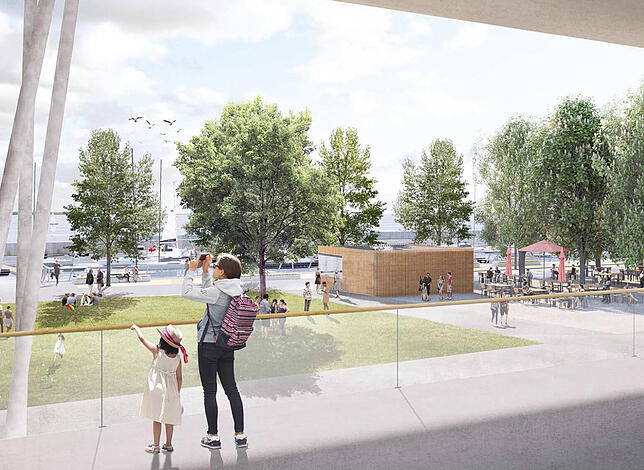 Ansicht der Planer: Blick vom Stadtbalkon hinunter zum See und auf das neue Servicegebäude beim Biergarten.