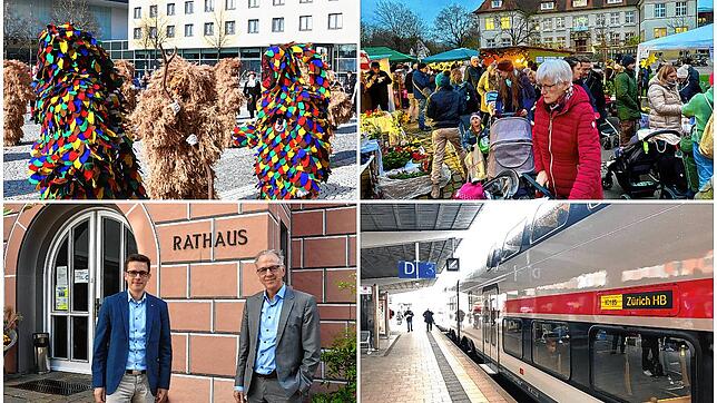 Vier von 21 Themen, um die es im Jahresrückblicksrätsel für 2022 des SÜDKURIER Singen ging (von oben links im Uhrzeigersinn): Fasnacht, ...