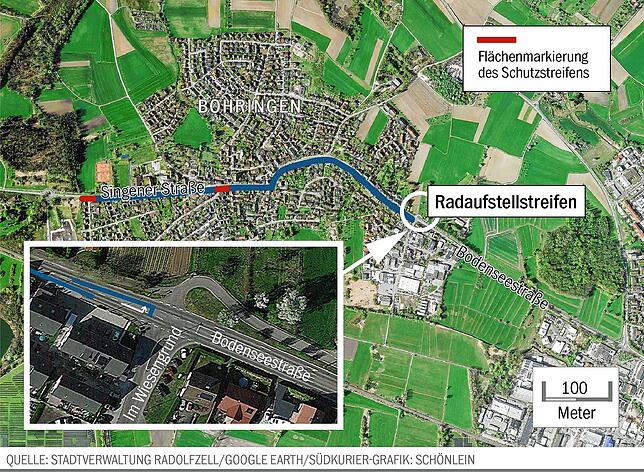 Diese Schutzstreifenführung plant die Stadt in Böhringen. An der Bodenseestraße ist der ursprüngliche Plan für den Radaufstellstreifen ...