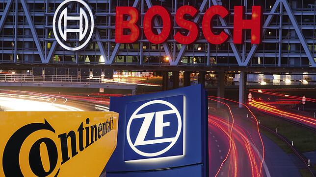 Die Logos von Bosch, ZF und Conti (im Uhrzeigersinn). Bilder: dpa / sk-Montage: kerstan