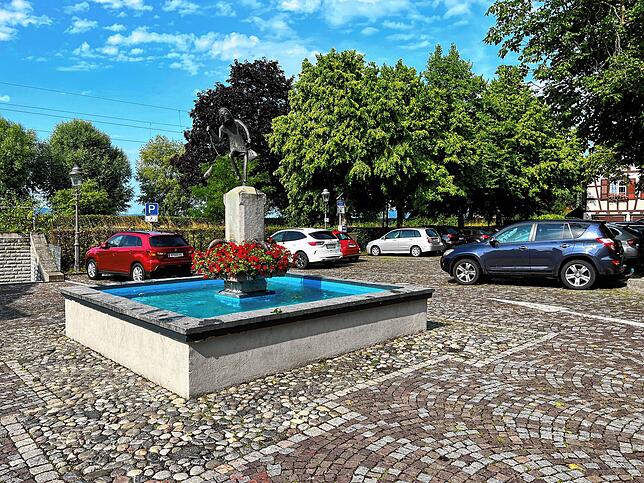Auch am Rathausplatz zeugt ein Brunnen von der Fasnachtsliebe der Allensbacher. Dort steht der Narrenbrunnen.