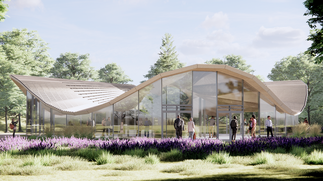 In wenigen Wochen startet die Landesgartenschau Wangen. Das Bild zeigt den Holzfaser Pavillon.