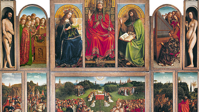 So sieht der Genter Altar der Brüder Jan und Hubert van Eyck aus. Das Gemälde stammt aus dem 15. Jahrhundert.