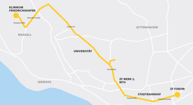 Zu Beginn 2024 sollen zwei autonome Busse in Friedrichshafen eingesetzt werden. Die komplette Teststrecke verläuft zwischen ZF-Forum und ...