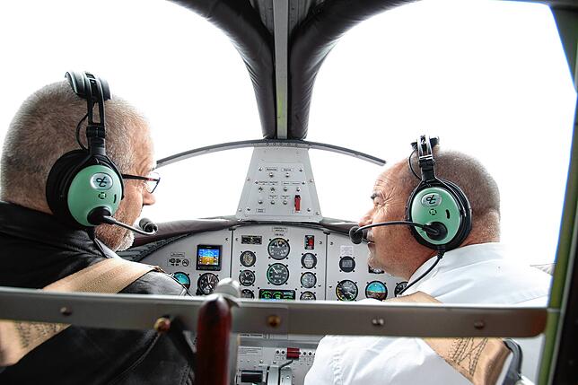 Nur eine niedrige Frontscheibe, sonst im Wind: Die Piloten Paolo Corti (links) und Oliver Bachmann.