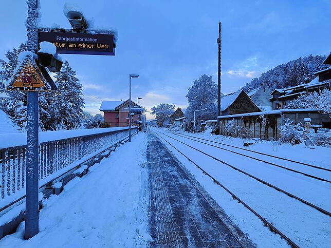 Als Grund für die Verspätung wird am Bahnhalt in Schwörstadt die Reparatur an einer Weiche angegeben.