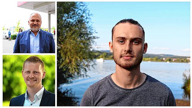 Moritz Zähringer (rechts) wünscht sich einen Ort für die Jugend von den OB-Kandidaten, Martin Staab (oben links) und Simon Gröger (unten).