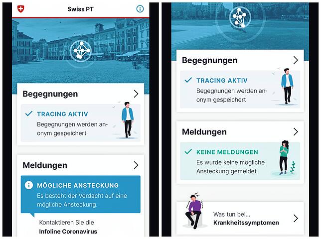 So sieht die Benutzeroberfläche der Schweizer Corona-Tracing-App aus: Links mit und rechts ohne Warn-Meldung vor einer möglichen Ansteckung.