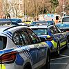 Einige Polizeifahrzeuge und Rettungswagen stehen in der Nähe des Tatortes vor einem Park in Aschaffenburg.