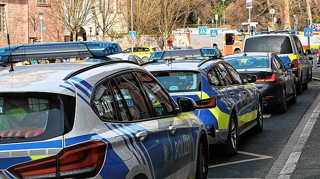 Einige Polizeifahrzeuge und Rettungswagen stehen in der Nähe des Tatortes vor einem Park in Aschaffenburg.