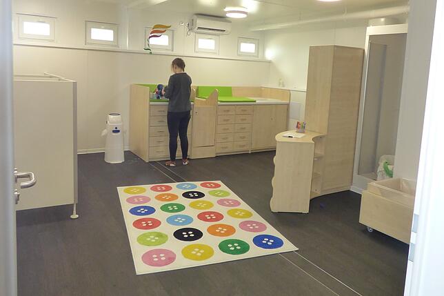 Neue modulare Ausweichräume des Kindergartens Leimbach für zwei U3-Gruppen.